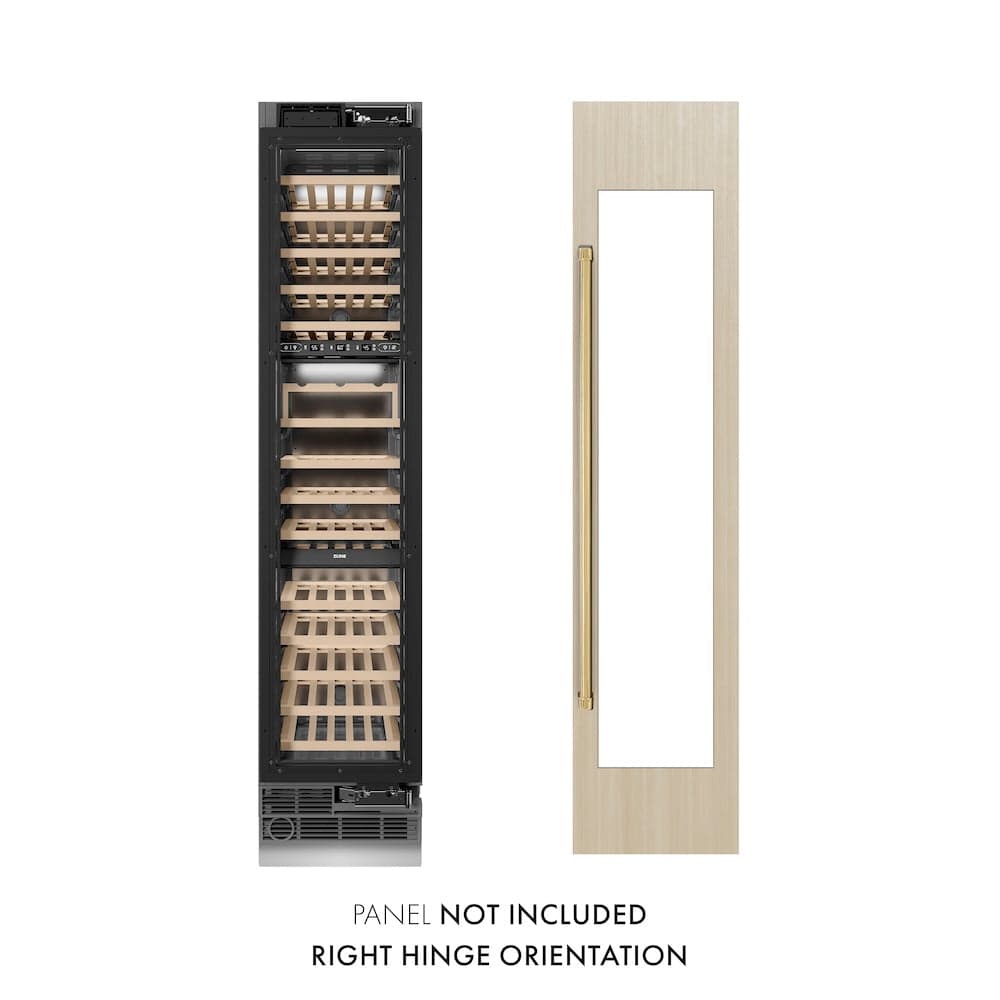 ZLINE Autograph Edition 18 in. 9.0 cu. ft. Triple Zone 68 Bottle Panel Ready Right Hinge Column Wine Cooler with Polished Gold Accents (RBCWVRZ-18-G)