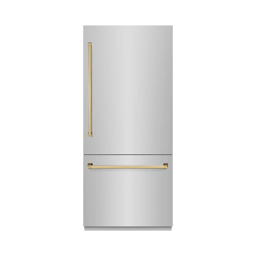 Autograph Edition 36 In. 19.8 Cu. Ft. Built-in Bottom Freezer Refrigerator With Water Dispenser And Ice Maker In Stainless Steel With Polished Gold Accents