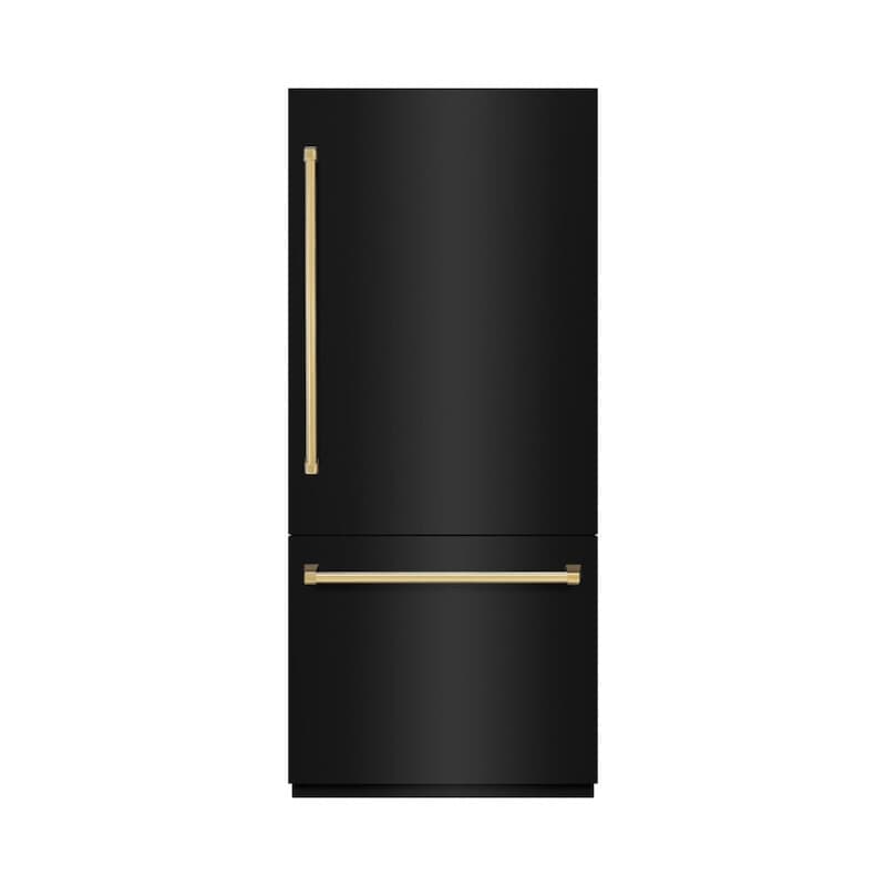 ZLINE Autograph Edition 36 in. 19.8 cu. ft. Built-In Bottom Freezer Refrigerator with Water Dispenser and Ice Maker in Black Stainless Steel and Polished Gold Accents (RBITZ-BS-36-G)