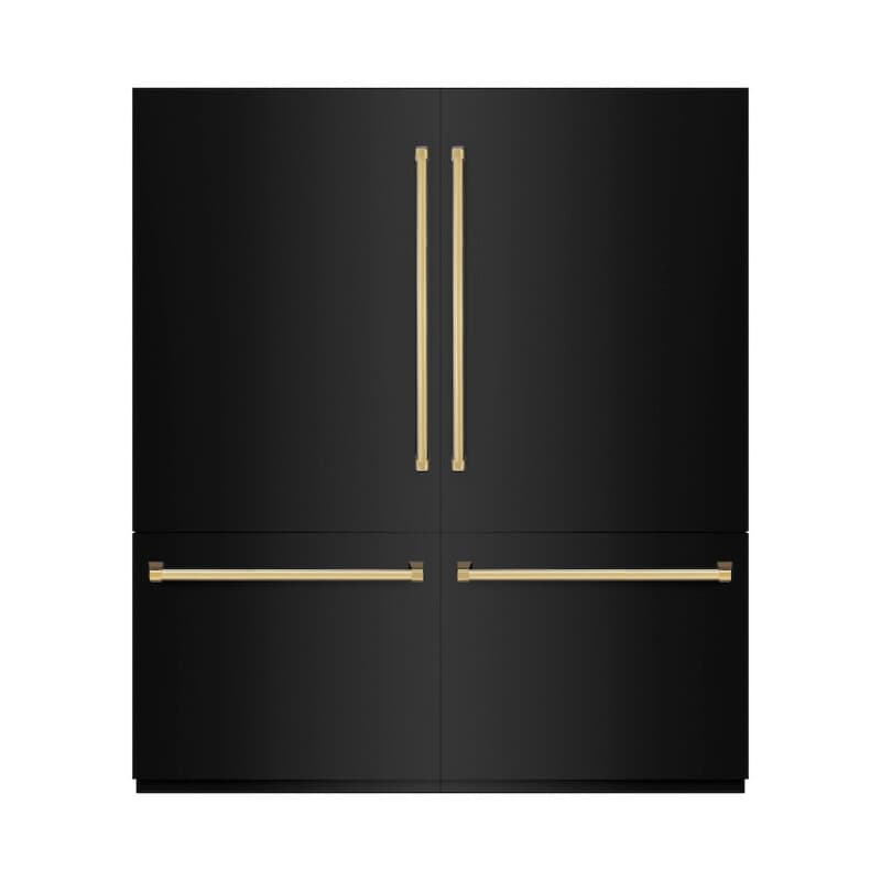 ZLINE Autograph Edition 72 in. 39.6 cu. ft. French Door Built-In Bottom Freezer Refrigerator with Water Dispensers and Ice Makers in Black Stainless Steel and Polished Gold Accents (RBITZ-BS-72-G)