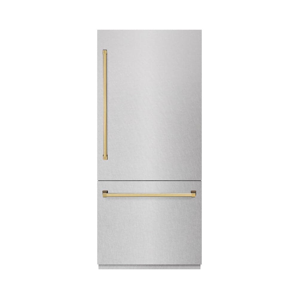 Autograph Edition 36 In. 19.8 Cu. Ft. Built-in Bottom Freezer Refrigerator With Water Dispenser And Ice Maker In Satin Stainless Steel And Polished Gold Accents