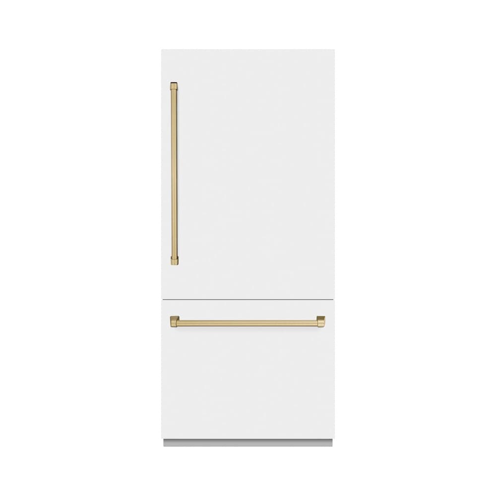 Autograph Edition 36 In. 19.8 Cu. Ft. Built-in Bottom Freezer Refrigerator With Water Dispenser And Ice Maker In White Matte And Champagne Bronze Accents