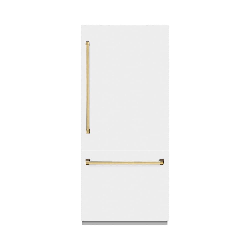 Autograph Edition 36 In. 19.8 Cu. Ft. Built-in Bottom Freezer Refrigerator With Water Dispenser And Ice Maker In White Matte And Polished Gold Accents