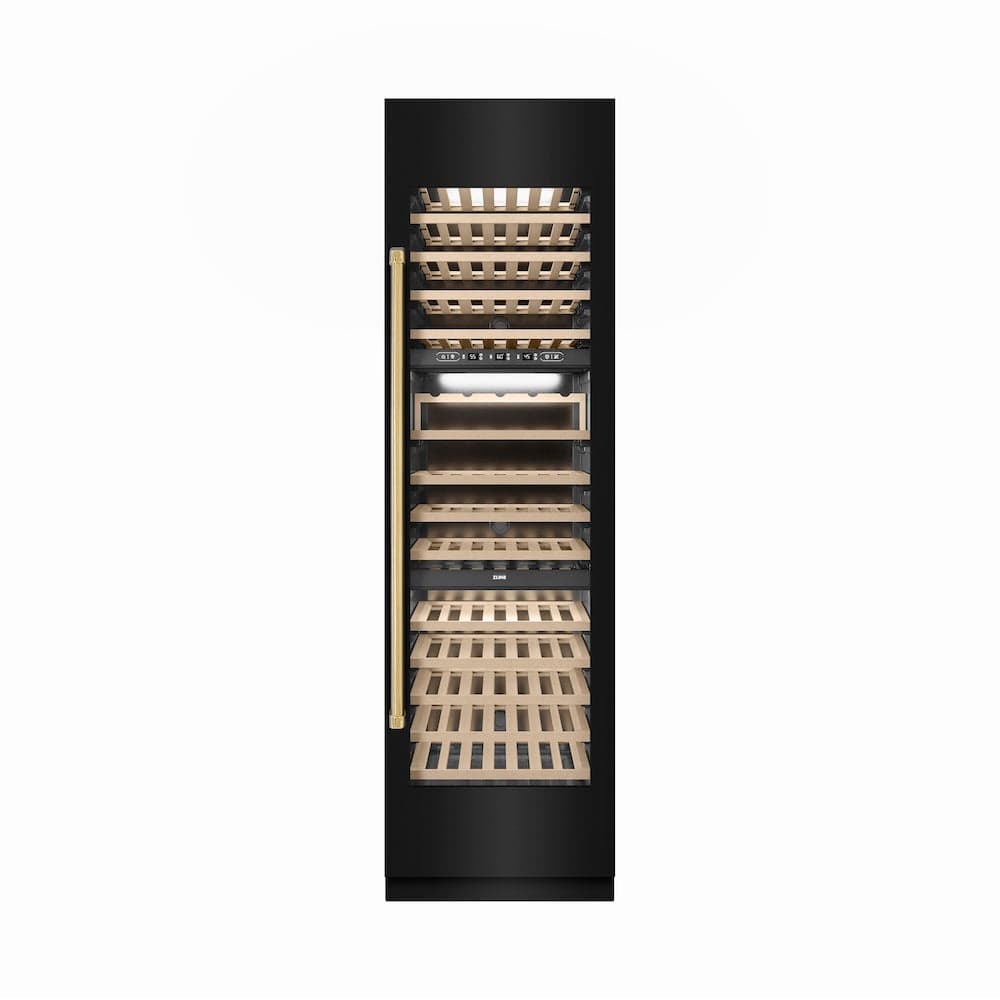Autograph Edition 24 In. 12.4 Cu. Ft. Triple Zone 100 Bottle Column Wine Cooler In Black Stainless Steel And Polished Gold Accents