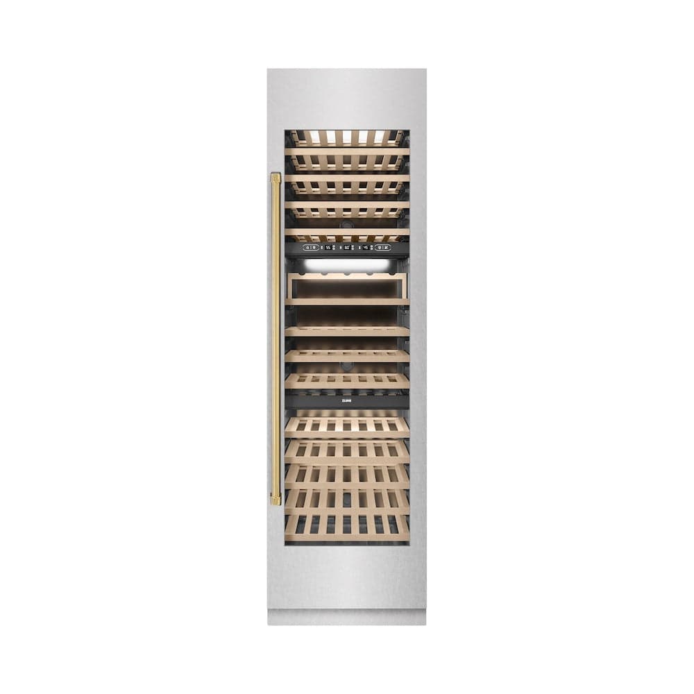 Autograph Edition 24 In. 12.4 Cu. Ft. Triple Zone 100 Bottle Column Wine Cooler In Satin Stainless Steel And Polished Gold Accents