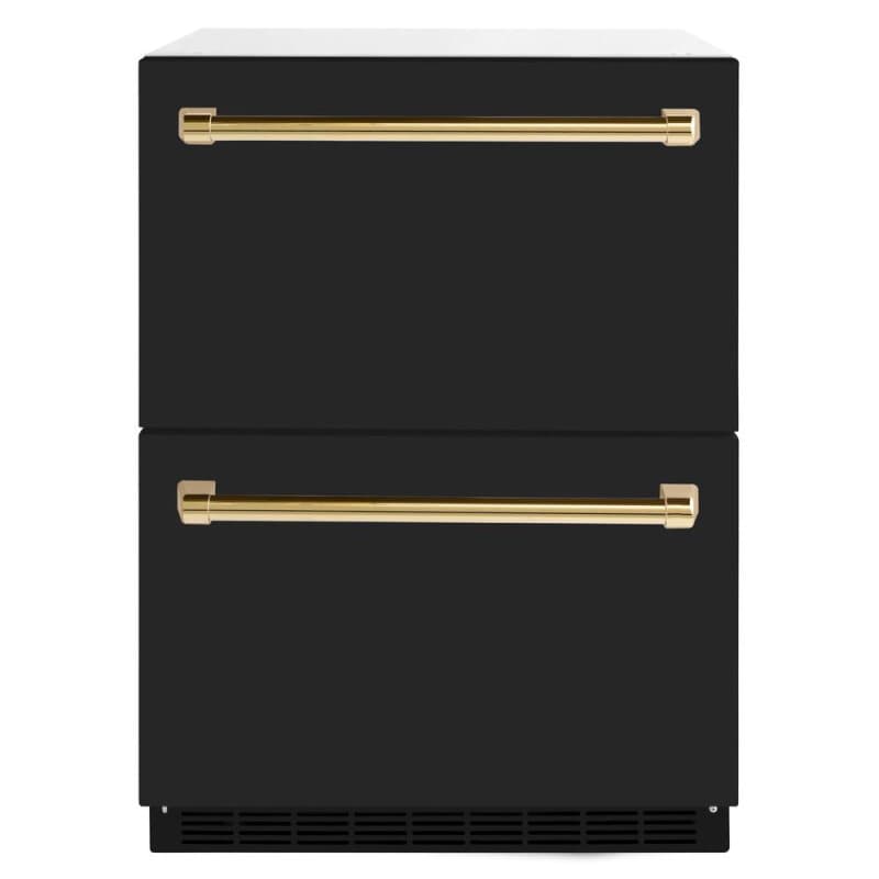 Autograph Edition 24 in. Touchstone 168 Can Outdoor-Rated Dual Refrigerator Drawer with Black Matte Doors and Polished Gold Handles