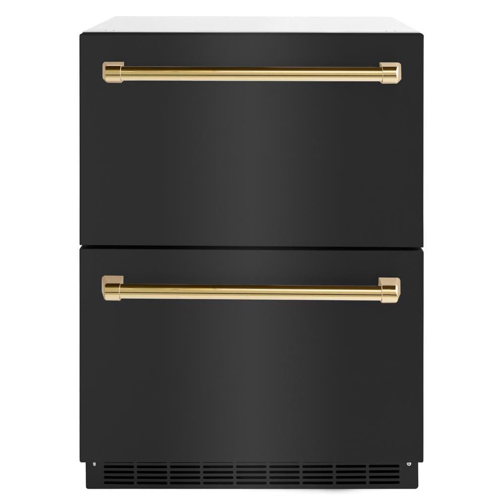 ZLINE Autograph Edition 24 in. Touchstone 168 Can Outdoor-Rated Dual Refrigerator Drawer with Black Stainless Steel Doors and Polished Gold Handles (RDSOZ-BS-24-G)