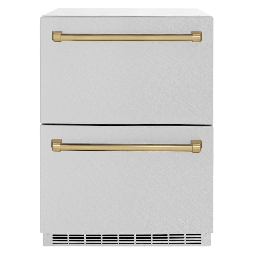 ZLINE Autograph Edition 24 in. Touchstone 168 Can Outdoor-Rated Dual Refrigerator Drawer with DuraSnow® Stainless Steel Doors and Champagne Bronze Handles (RDSOZ-SN-24-CB)