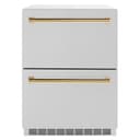 ZLINE Autograph Edition 24 in. Touchstone 168 Can Outdoor-Rated Dual Refrigerator Drawer with DuraSnow® Stainless Steel Doors and Polished Gold Handles (RDSOZ-SN-24-G) view 1