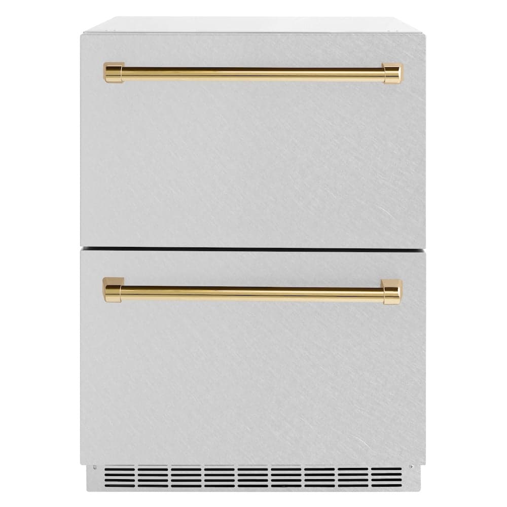 ZLINE Autograph Edition 24 in. Touchstone 168 Can Outdoor-Rated Dual Refrigerator Drawer with DuraSnow® Stainless Steel Doors and Polished Gold Handles (RDSOZ-SN-24-G)