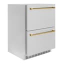 ZLINE Autograph Edition 24 in. Touchstone 168 Can Outdoor-Rated Dual Refrigerator Drawer with DuraSnow® Stainless Steel Doors and Polished Gold Handles (RDSOZ-SN-24-G) view 2