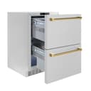 ZLINE Autograph Edition 24 in. Touchstone 168 Can Outdoor-Rated Dual Refrigerator Drawer with DuraSnow® Stainless Steel Doors and Polished Gold Handles (RDSOZ-SN-24-G) view 3