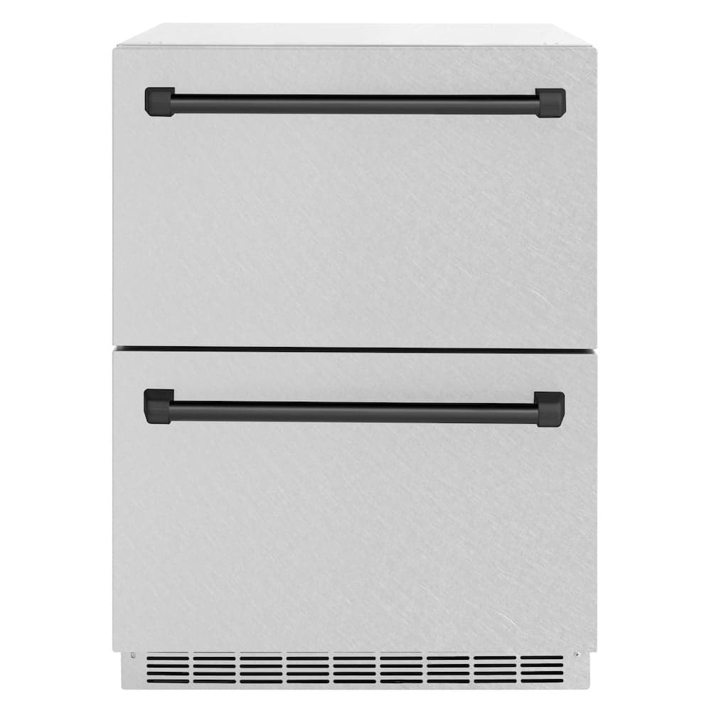 ZLINE Autograph Edition 24 in. Touchstone 168 Can Outdoor-Rated Dual Refrigerator Drawer with DuraSnow® Stainless Steel Doors and Matte Black Handles (RDSOZ-SN-24-MB)
