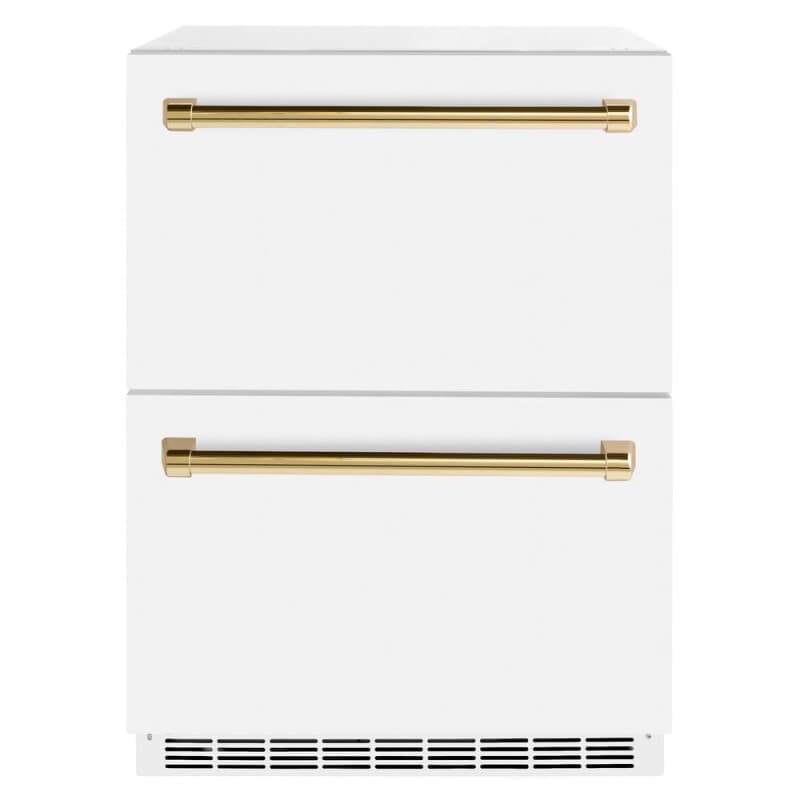 Autograph Edition 24 in. Touchstone 168 Can Outdoor-Rated Dual Refrigerator Drawer with White Matte Doors and Polished Gold Handles
