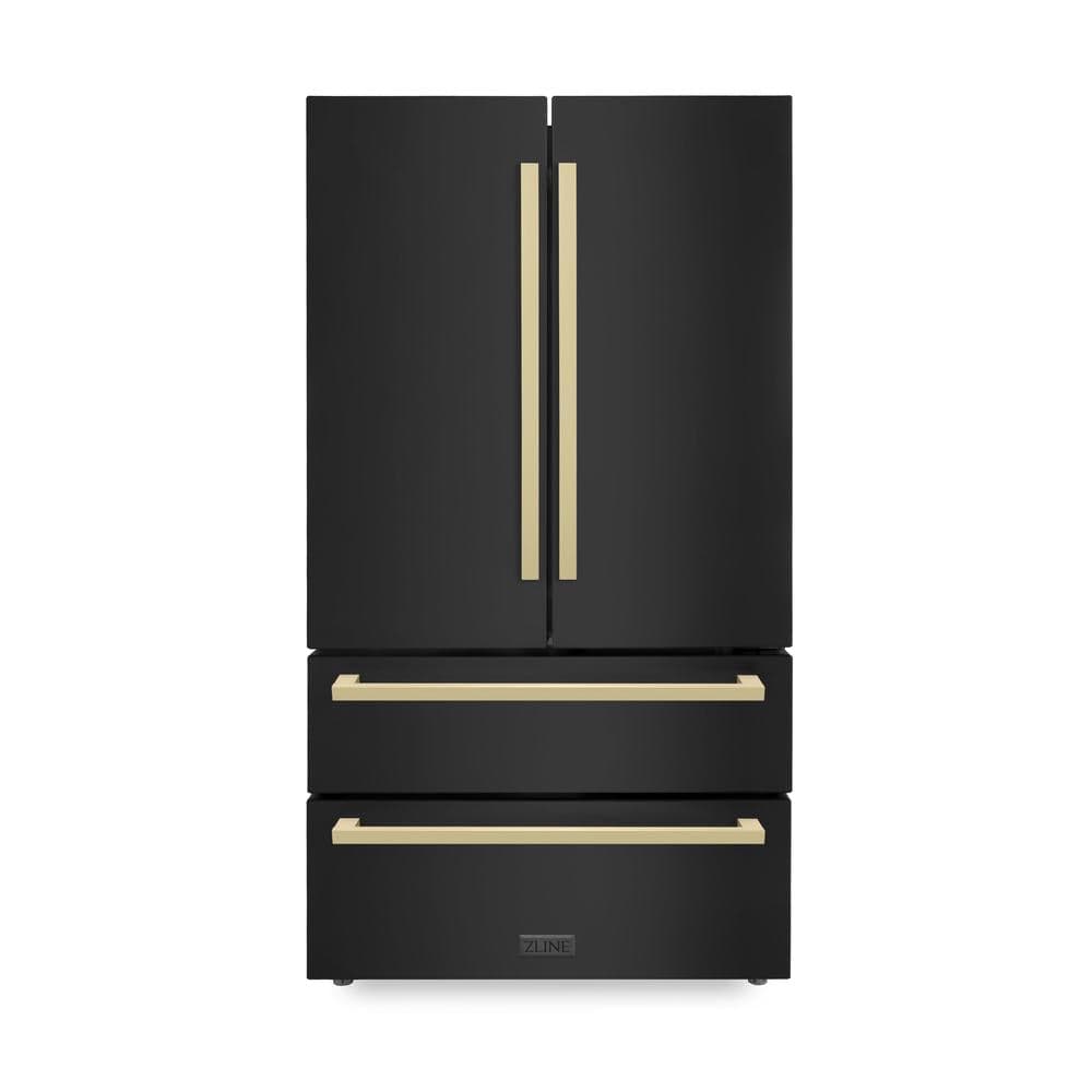 36"Autograph Edition 22.5 cu. ft 4-Door French Door Refrigerator with Ice Maker in Black Stainless Steel with Champagne Bronze Square Handles