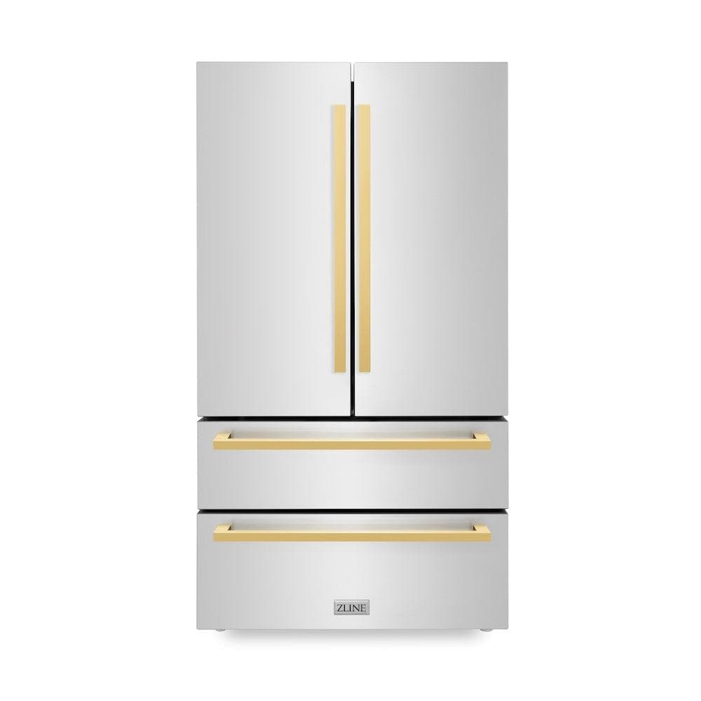 36in. Autograph Edition 22.5 cu. ft 4-Door French Door Refrigerator with Ice Maker in Stainless Steel with Polished Gold Square Handles