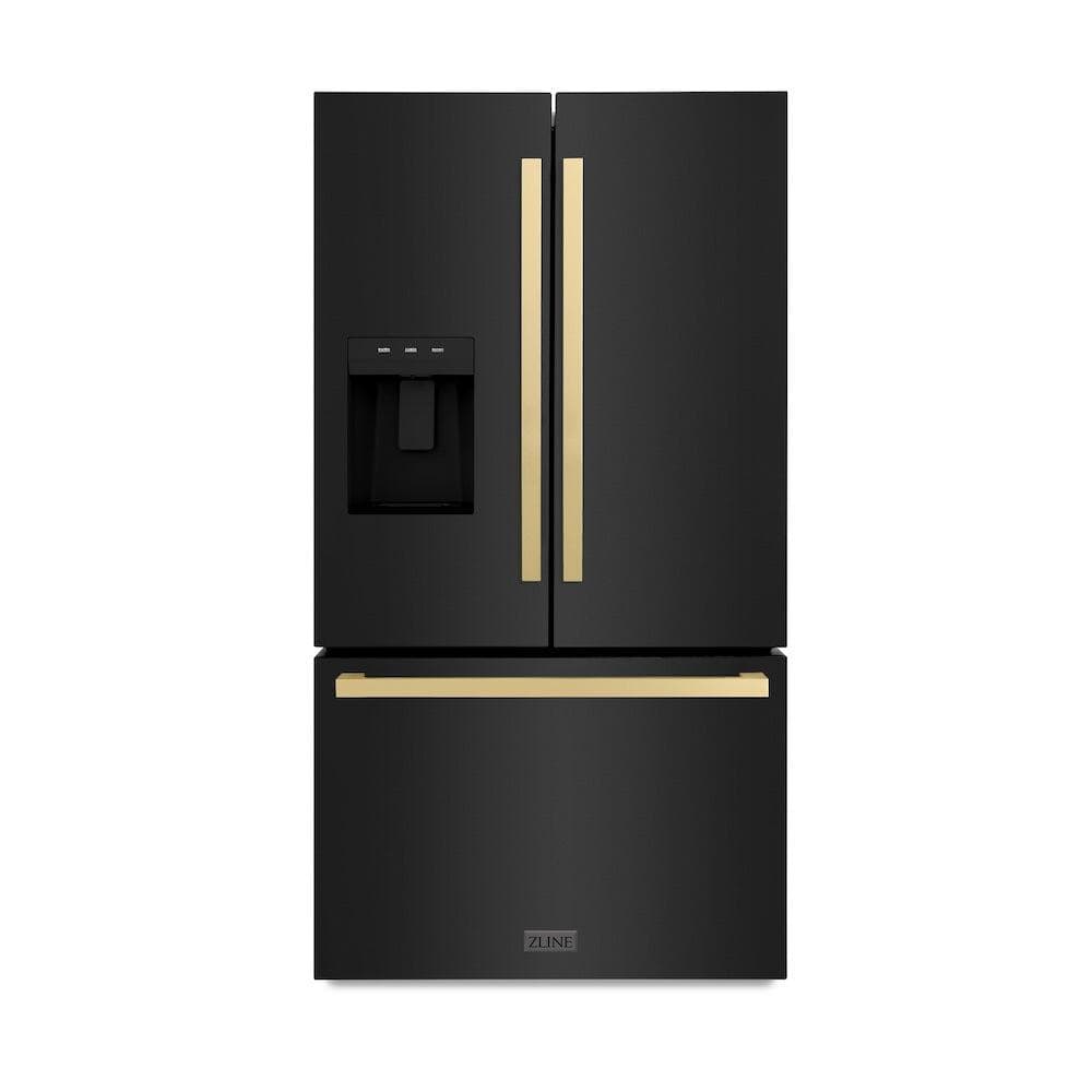 AutographEdition 36 in. 28.9 cu. ft. Standard-Depth French Door External Water Dispenser Refrigerator with Dual Ice Maker in Black Stainless Steel and Champagne Bronze Square Handles