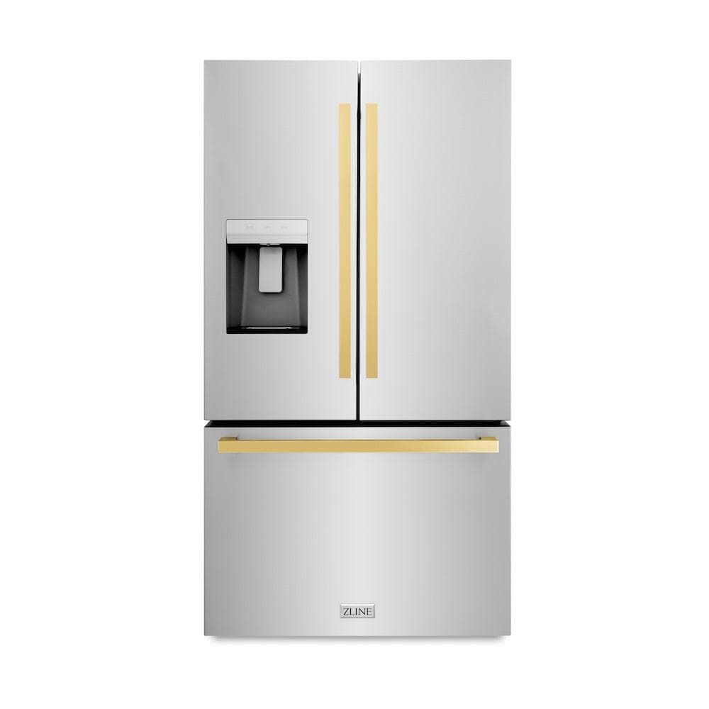 AutographEdition 36 in. 28.9 cu. ft. Standard-Depth French Door External Water Dispenser Refrigerator with Dual Ice Maker in Fingerprint Resistant Stainless Steel and Polished Gold Square Handles