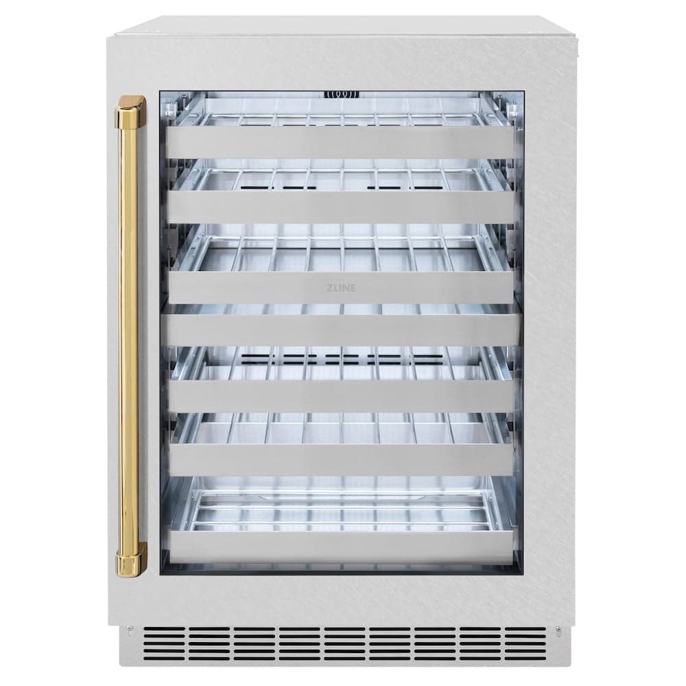 ZLINE Autograph Edition 24 in. Touchstone Dual Zone 44 Bottle Wine Cooler With DuraSnow® Stainless Steel Glass Door And Polished Gold Handle (RWDOZ-SN-24-G)