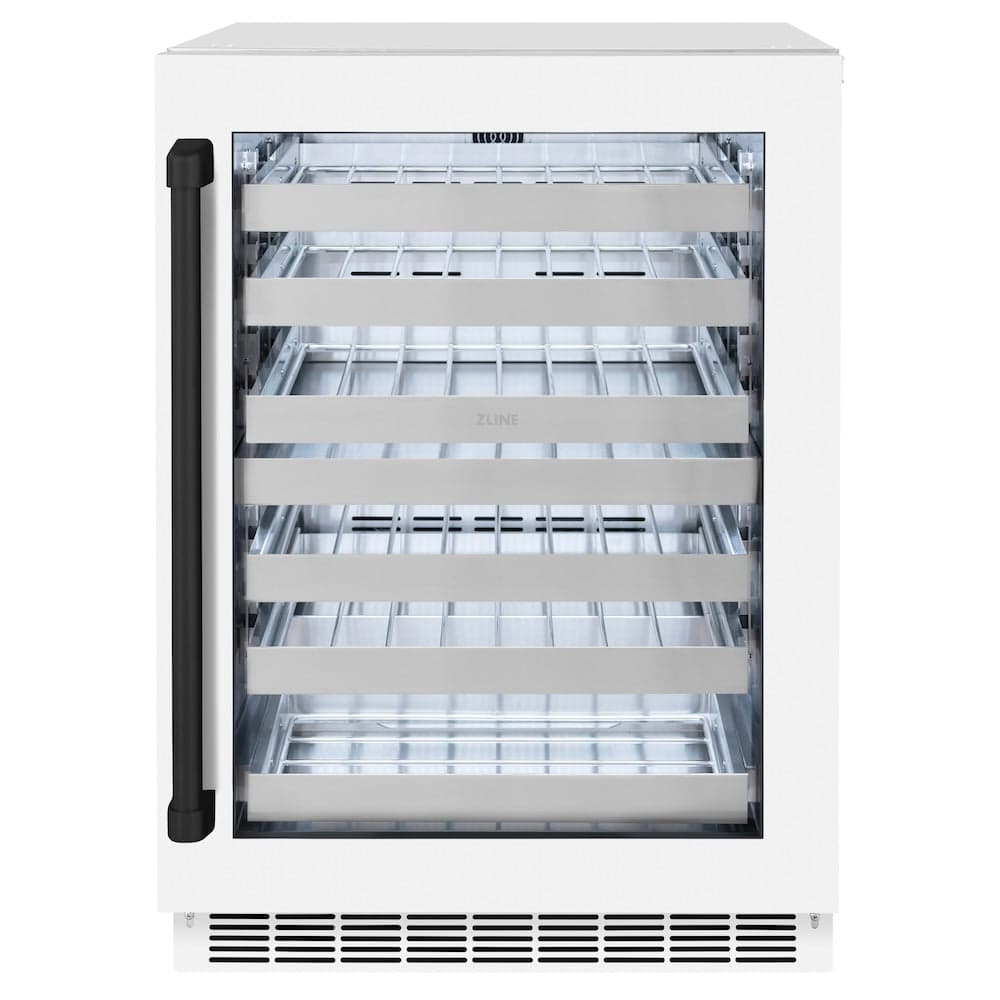 ZLINE Autograph Edition 24 in. Touchstone Dual Zone 44 Bottle Wine Cooler With White Matte Glass Door And Matte Black Handle (RWDOZ-WM-24-MB)