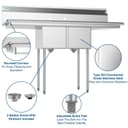 56 in. Two Compartment Stainless Steel Commercial Sink with 2 Drainboards, Bowl Size 12"x 16"x 10 view 11