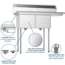 43 in. Two Compartment Stainless Steel Commercial Sink with Drainboard, Bowl Size 14"x 16"x 11 view 9