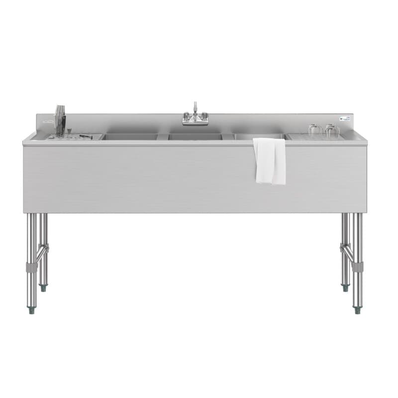 60 in. Three-Compartment Commercial Bar-Sink with 3 in. Backsplash, Dual Drainboards with Low Lead Faucet, NSF Certified in Stainless-Steel
