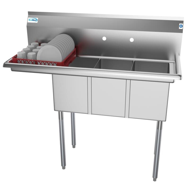 45 in. Three Compartment Stainless Steel Commercial Sink with Drainboard, Bowl Size 10"x 14"x 10