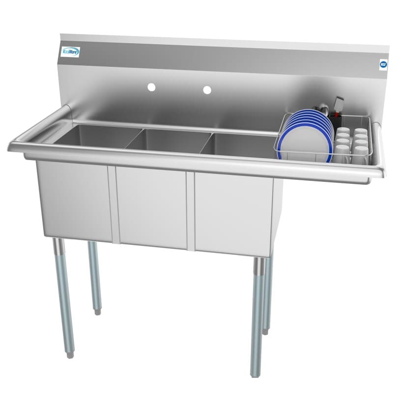 45 in. Three Compartment Stainless Steel Commercial Sink with Drainboard, Bowl Size 10"x 14"x 10