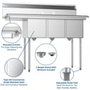 51 in. Three Compartment Stainless Steel Commercial Sink with Drainboard, Bowl Size 12"x 16"x 10 view 12