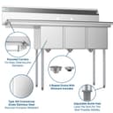 55 in. Three Compartment Stainless Steel Commercial Sink with Drainboard, Bowl Size 12"x 16"x 10 view 11