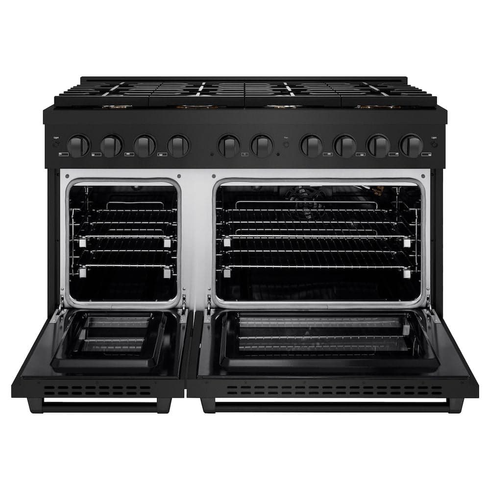 48in. 6.7 cu. ft. Double Oven Gas Range in Black Stainless Steel with 8 Brass Burners