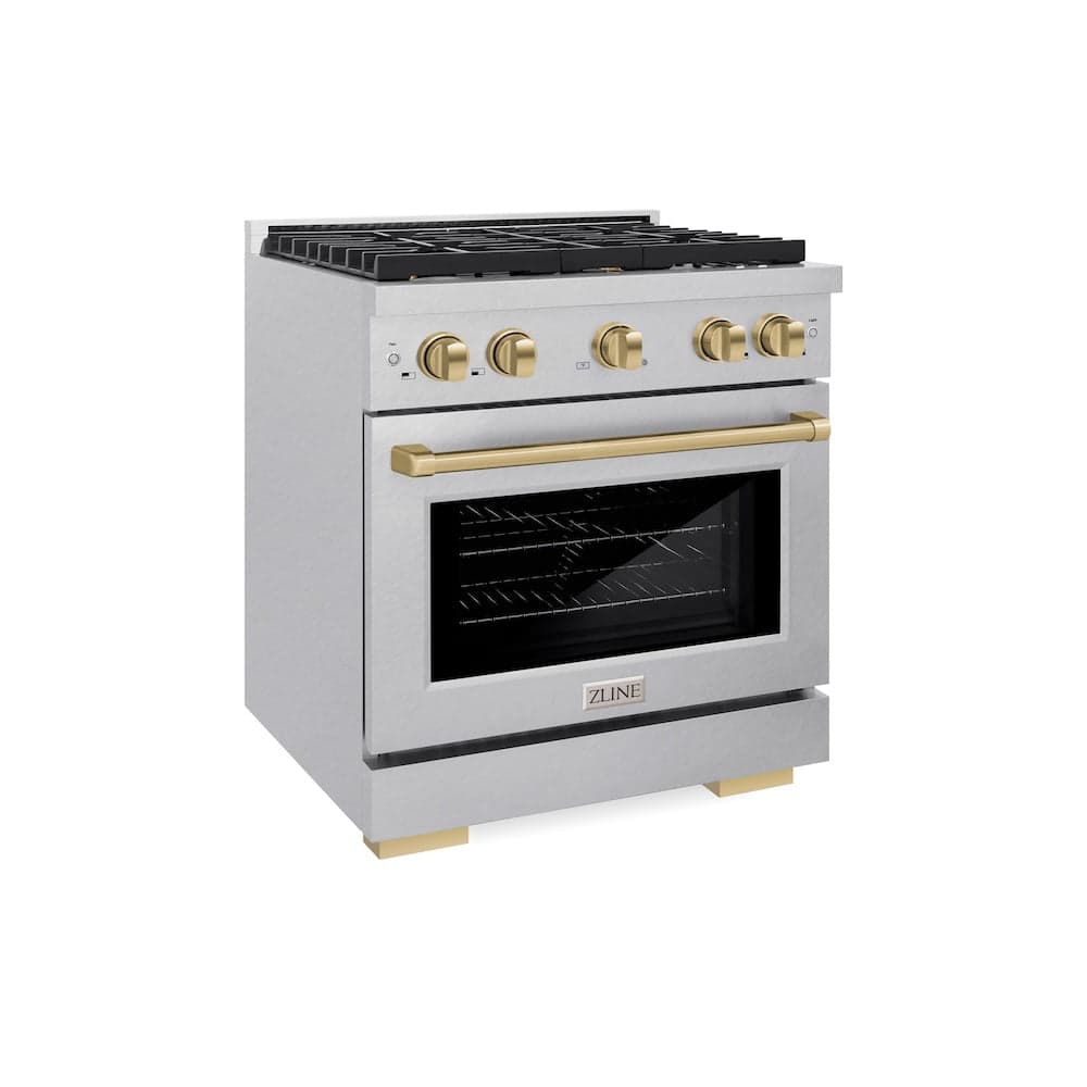 AutographEdition 30 in. 4.2 cu. ft. 4 Burner Gas Range with Convection Gas Oven in DuraSnow Stainless Steel and Champagne Bronze Accents