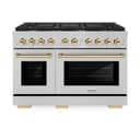 AutographEdition 48 in. 6.7 cu. ft. 8 Burner Double Oven Gas Range in DuraSnow Stainless Steel and Polished Gold Accents view 3