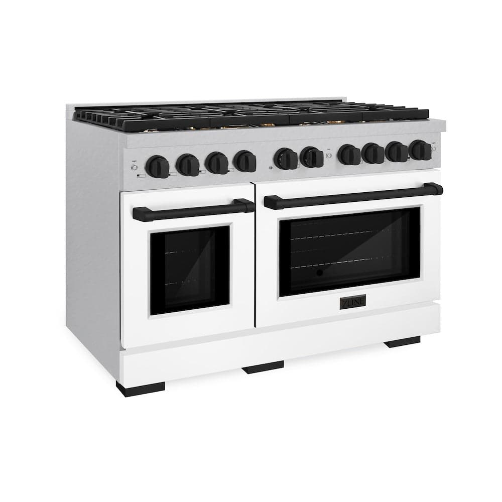 AutographEdition 48 in. 6.7 cu. ft. 8 Burner Double Oven Gas Range in DuraSnow Stainless Steel with White Matte Doors and Matte Black Accents