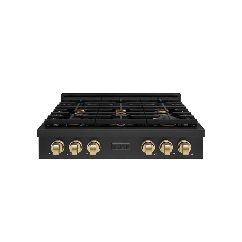 ZLINE Autograph Edition 36 in. Paramount Gas Rangetop with 6 Burners and Porcelain Cooktop in Black Stainless Steel with Champagne Bronze Accents (SRTBZ-36-CB)