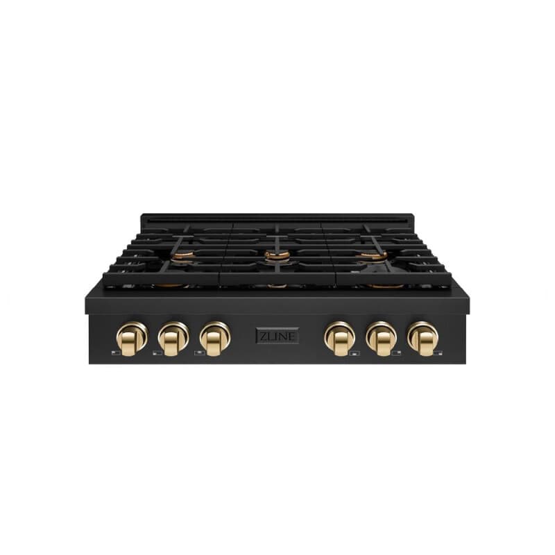 ZLINE Autograph Edition 36 in. Paramount Gas Rangetop with 6 Burners and Porcelain Cooktop in Black Stainless Steel with Polished Gold Accents (SRTBZ-36-G)
