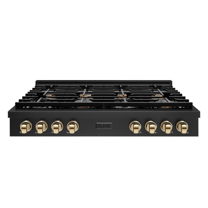 ZLINE Autograph Edition 48 in. Paramount Gas Rangetop with 8 Burners and Porcelain Cooktop in Black Stainless Steel with Polished Gold Accents (SRTBZ-48-G)