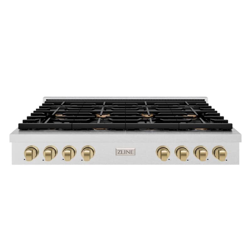 ZLINE Autograph Edition 48 in. Paramount Gas Rangetop with 8 Burners and Porcelain Cooktop in DuraSnow® Stainless Steel with Champagne Bronze Accents (SRTSZ-48-CB)