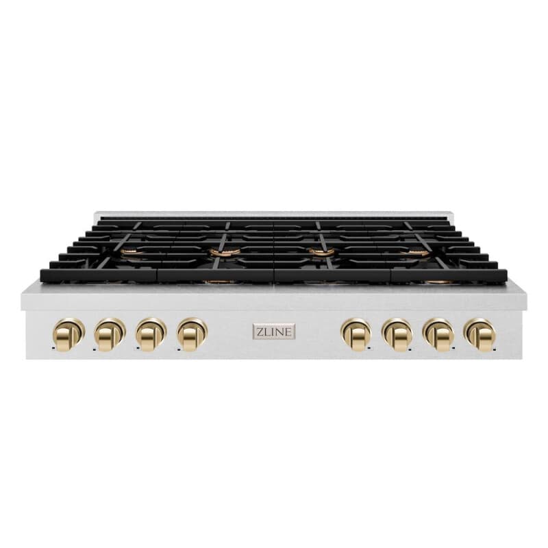 ZLINE Autograph Edition 48 in. Paramount Gas Rangetop with 8 Burners and Porcelain Cooktop in DuraSnow® Stainless Steel with Polished Gold Accents (SRTSZ-48-G)