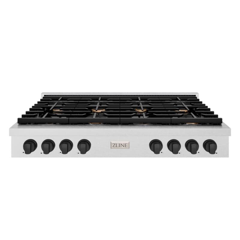 ZLINE Autograph Edition 48 in. Paramount Gas Rangetop with 8 Burners and Porcelain Cooktop in DuraSnow® Stainless Steel with Matte Black Accents (SRTSZ-48-MB)