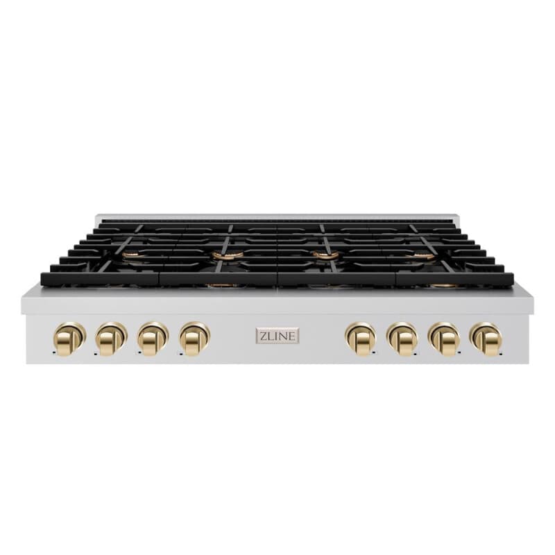 ZLINE Autograph Edition 48 in. Paramount Gas Rangetop with 8 Burners and Porcelain Cooktop in Stainless Steel with Polished Gold Accents (SRTZ-48-G)