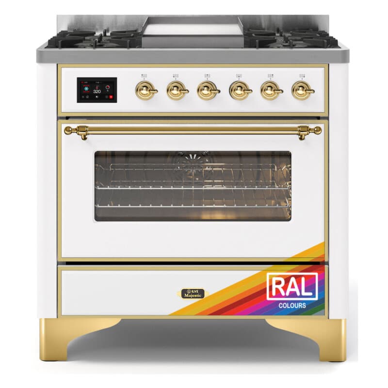 UM09FDNS3RALG 36" Majestic II Series Dual Fuel Natural Gas Range with 6 Burners and Griddle, 3.5 cu. ft. Oven Capacity, TFT Oven Control Display, Brass Trim,