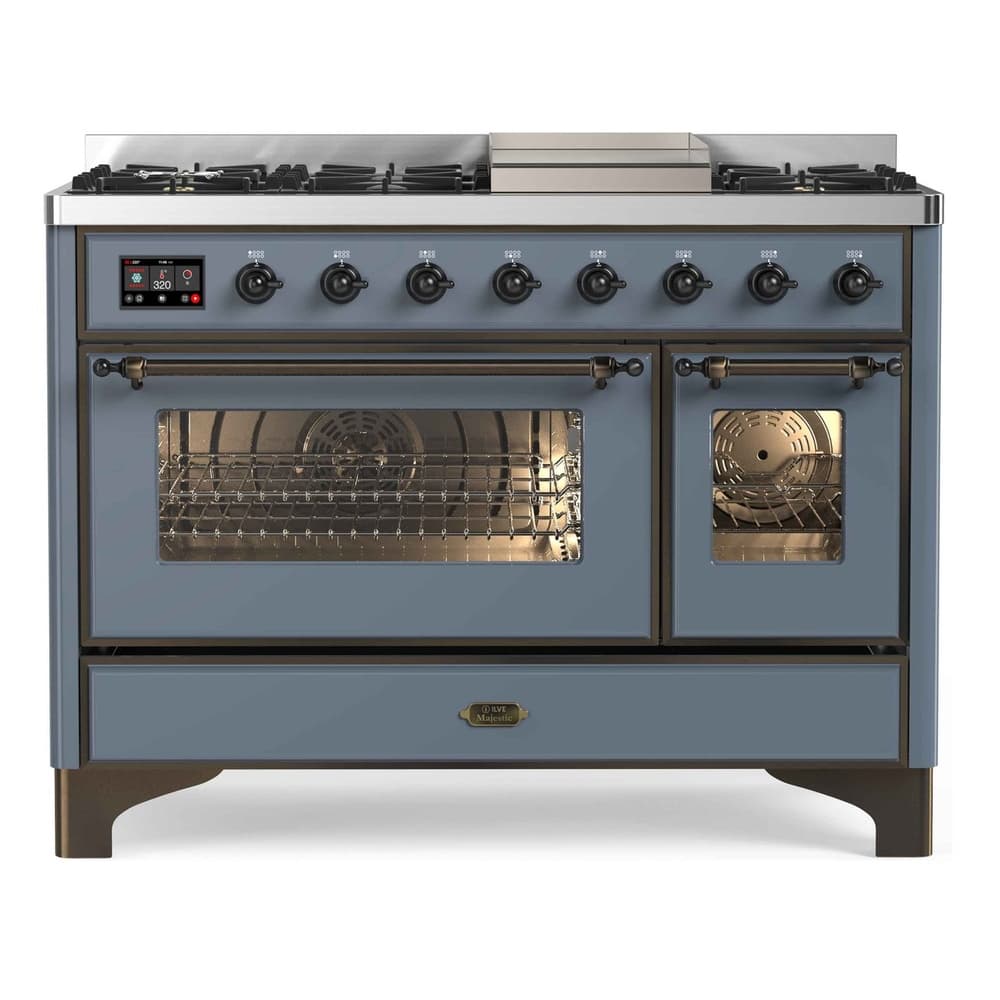Majestic II Series 48 inch Freestanding Dual Fuel Range with Natural Gas, 8 Sealed Brass Burners, Double Ovens, 5.02 cu. ft. Total Oven Capacity, Griddle, Convection Oven, Continuous Grates, Viewing Window, Warming Drawer, with Bronze Trim