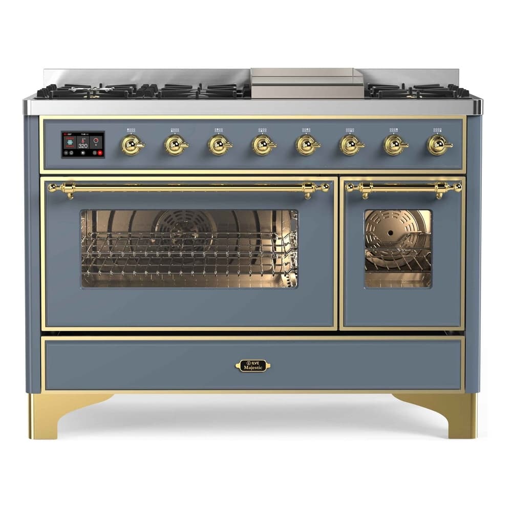 Majestic II Series 48 inch Freestanding Dual Fuel Range with Natural Gas, 8 Sealed Brass Burners, Double Ovens, 5.02 cu. ft. Total Oven Capacity, Griddle, Convection Oven, Continuous Grates, Viewing Window, Warming Drawer, with Brass Trim
