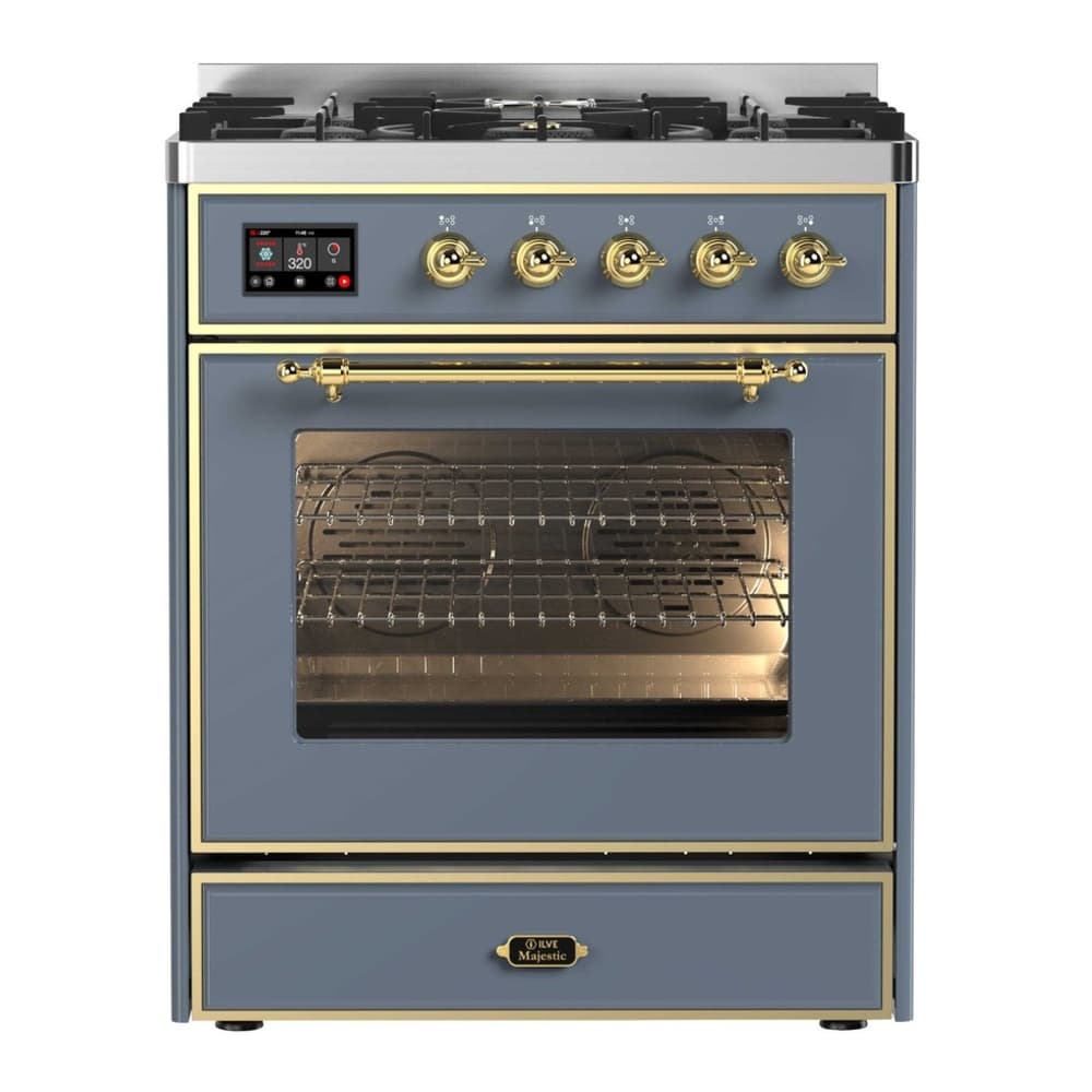 Majestic II Series 30 inch Freestanding Dual Fuel Range with Liquid Propane, 5 Sealed Brass Burners, 4 cu. ft. Total Oven Capacity, Convection Oven, Continuous Grates, Viewing Window, Storage Drawer, with Brass Trim