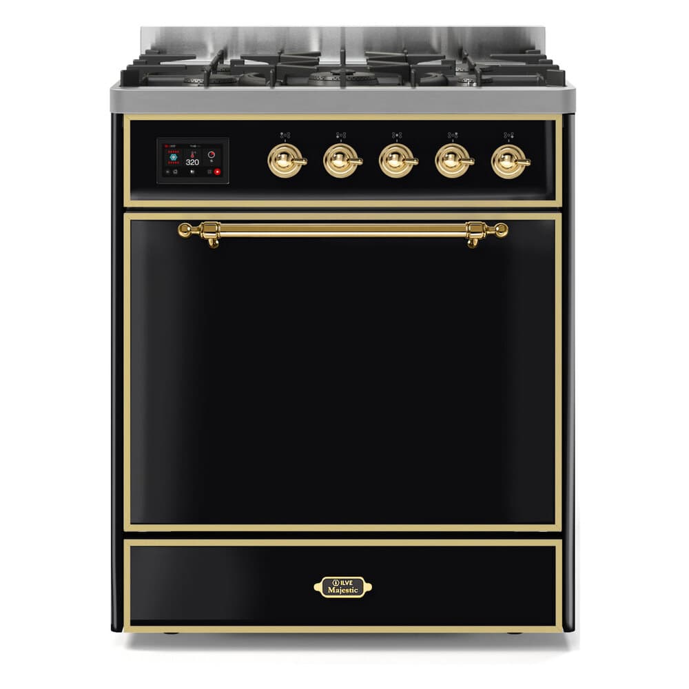 Majestic II Series 30 inch Freestanding Dual Fuel Range with Liquid Propane, 5 Sealed Brass Burners, 4 cu. ft. Total Oven Capacity, Convection Oven, Continuous Grates, Storage Drawer, with Brass Trim