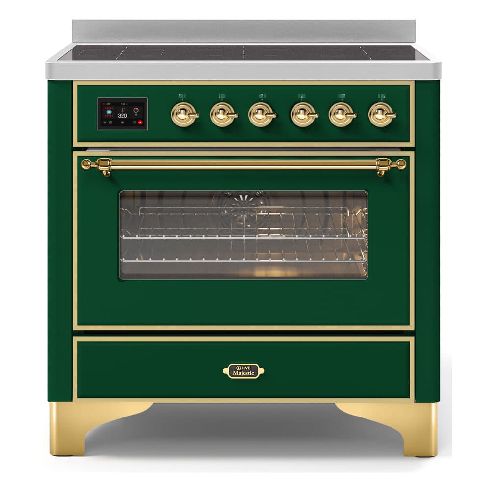 Majestic II Series 36 inch Freestanding Electric Induction Range with 5 Elements, Smoothtop Cooktop, 3.5 cu. ft. Total Oven Capacity, Convection Oven, Viewing Window, Warming Drawer, with Brass Trim