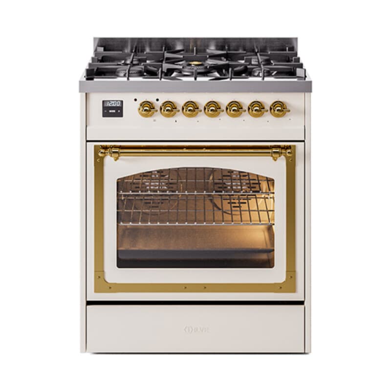 Nostalgie II Noblesse 30″ Dual Fuel Range (Liquid Propane, Triple Glass Door, Antique White, Brass)