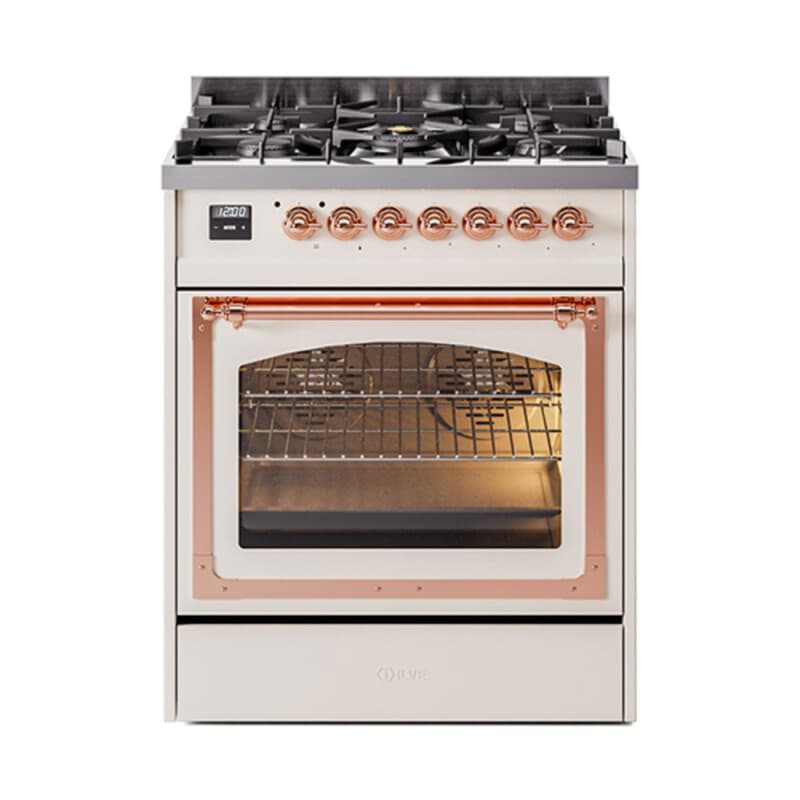 Nostalgie II Noblesse 30″ Dual Fuel Range (Liquid Propane, Triple Glass Door, Antique White, Copper)